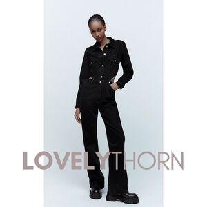 ZARA // ltd ed side waist cut out button front full length black denim jumpsuit
